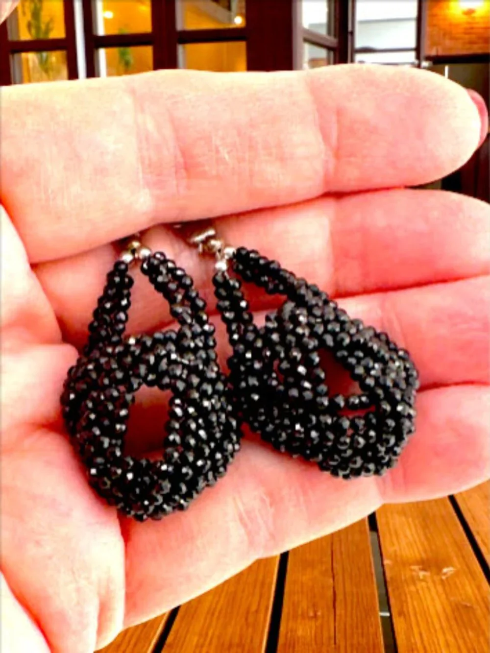 Vintage Black Faceted Beaded Earrings Elegant Openwork Sculptural Dangle 2.5